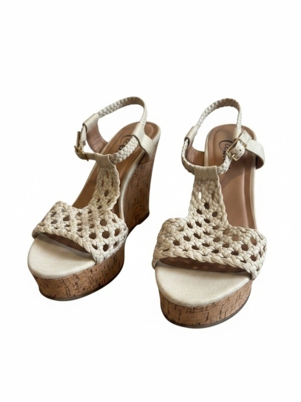Candie's Cream Crochet Cork Wedge Sandals with Ankle Buckle